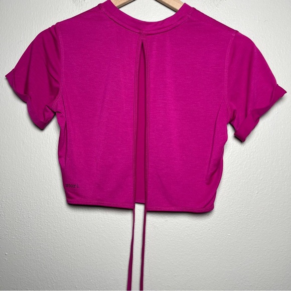 Stori Women Crop Shirt XS Hot Pink Open Back Tie Waist Ballerina Balletcore - Picture 3 of 7